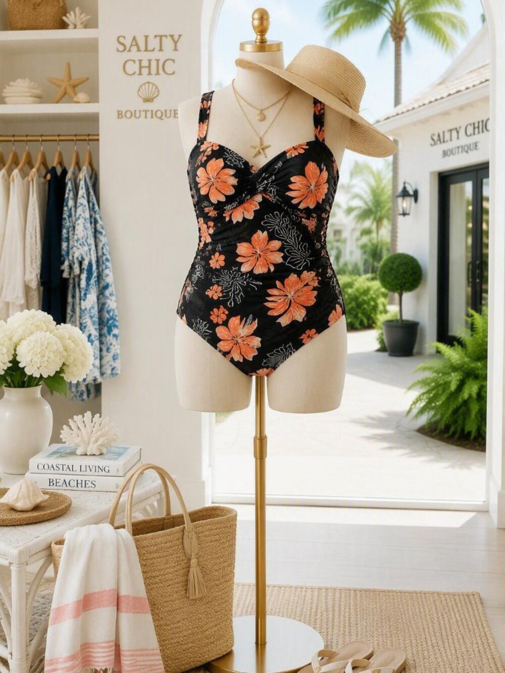 Aqua Eve Tropical Floral One-Piece Swimsuit in Black Coral 16 W Tummy Control